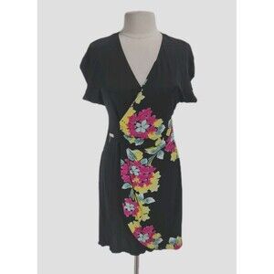 LE FATE Women Faux Wrap Dress Size M Floral Jersey Black V-Neck Sleeveless  121P